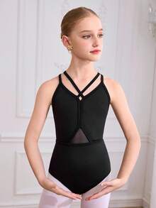 SHEIN Bộ đồ liền thân thể thao cho bé gái tuổi mới lớn, Bộ đồ liền thân múa ba lê màu đen ôm vừa vặn với thiết kế khoét lưng thanh lịch (Đan + lưới co giãn), Bộ đồ liền thân thể dục thoải mái, Phù hợp với mọi mùa, Quần áo trở lại trường - màu đen - Xem 2