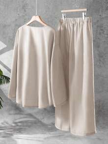 Linhara Bộ 2 món áo dài tay và quần dài cỡ lớn cho nữ, màu trơn thường ngày, mùa thu - Màu be - Xem 2