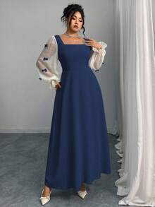 Modelyn Women's Plus Size Bow Decor Square Neck Long Sleeve Elegant Dress Fall Cloth For Women