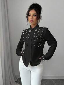 Elenzga 女士杏色仿珍珠拼布长袖衬衫 - 黑色 - 查看 5