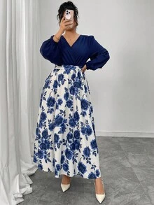 Elenzga 大码女式花卉印花编织复古优雅灯笼袖 V 领腰带中长连衣裙，春/秋