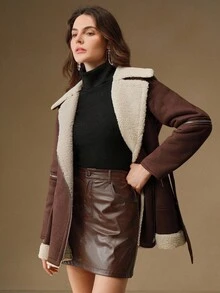 Anewsta 女士宽松绒面混纺翻领系带短款夹克，适合秋季、冬季、外出、优雅、正式、派对、别致、新年、女士冬季外套、圣诞节、工作、毕业 - 棕色 - 查看 7