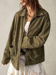 Bohemela Women's Turndown Collar Long Sleeve Pocket Jacket,Fall - Army Green - View 3