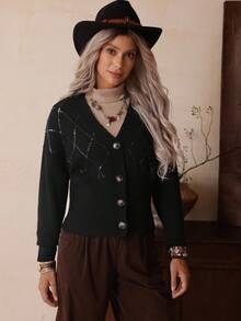 Cardigan casual feminino com lantejoulas e cor sólida, LanaWest - Preto - Ver 4