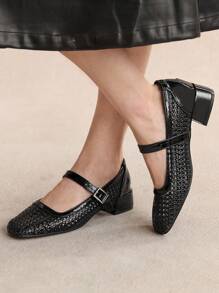 Rosivie 2026 Summer New Retro Square Toe Low Vamp Woven Mesh Low Heel Mary Jane Women Shoes, Fashionable Hollow Strap Breathable Closed Toe Chunky Heel Sandals - Black - View 8