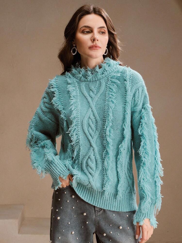 가을 신상 마이야르 색상 디스트레스드 프린지 트림 루즈 니트 스웨터 탑 여성용