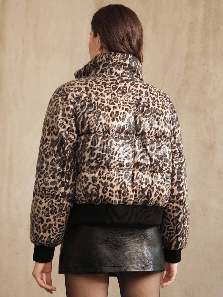 Leopard Print Sequin Padded Jacket, Suitable For Autumn, Fall, Winter, Going Out, Elegant, Formal, Party, Chic, New Year, Women's Winter Coat, Christmas, Work, Graduation