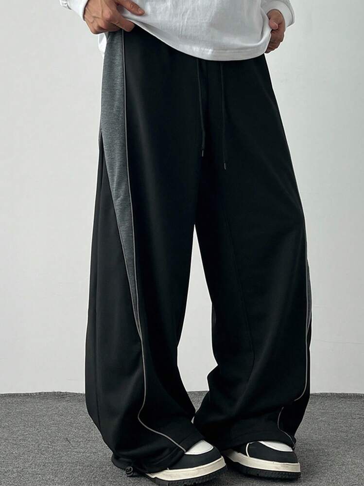 Claim Dot Men's Contrast Color Casual Wide Leg Sweatpants Mens Wide Leg Pants Mens Gym Pants Mens Black Pants Mens Side Stripe Pants Mens Techwear Pants - Black - View 5