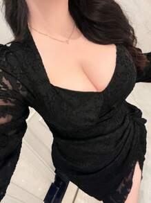 Flirla 复古蓝白花卉印花方领不对称褶皱收腰时尚女式长裙 - 黑色 - 查看 7