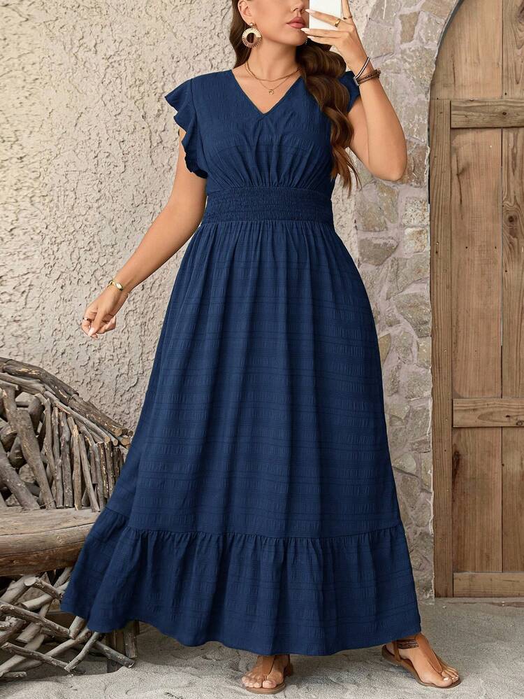 SHEIN LUNE Vestido Longo Fluido de Tecido Texturizado Plus Size, Vestido de Verão Formatura Traje 4 de Julho Vestido Longo Azul Branco Formatura Vestido Longo Casual de Verão Vestido Longo Evasê Vestido de Férias - Azul Marinho - Visão 4