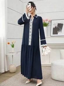 Al Najma 女士纯色百搭日常通勤长袖连衣裙 - 藍色 - 查看 7