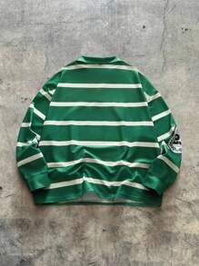 AXEPEAK Men Plus Size Casual Colorblock Striped Long Sleeve Polo Shirt, Fall - Green - View 6