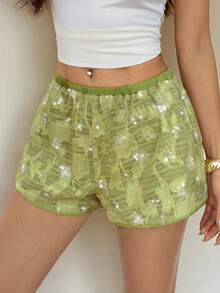 SHEIN PETITE Pantaloni scurți din șifon brodat cu paiete verzi pentru femei, potriviți pentru vară, mici, casual și slăbire - Verde - Vizualizare 7