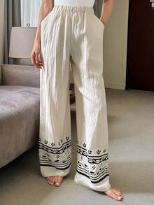 Pantalones de pijama de pierna recta con estampado, ropa de estar en casa, otoño - Blanco - Ver 6