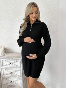 SHEIN Maternity Solid Color Long Sleeve Zip-Up Half Placket Fitted Knit Dress - Black - View 4