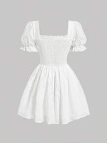 SHEIN MOD Eyelet Embroidery Puff Sleeve Ruched Bust Dress - White - View 2
