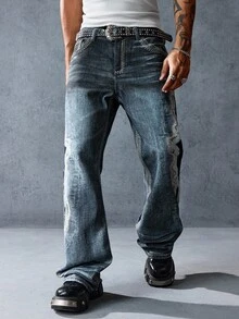 ROMWE MEN Street Life Jeans casuales y versátiles para hombres con cierre de botones y pierna entallada - Azul - Ver 6