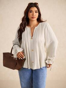 Elaquor 大码纯色 V 领落肩长袖纽扣前开襟衬衫