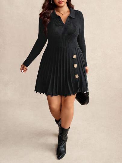 Elaquor 大码女式黑色简约时尚都市别致针织毛衣裙，秋冬