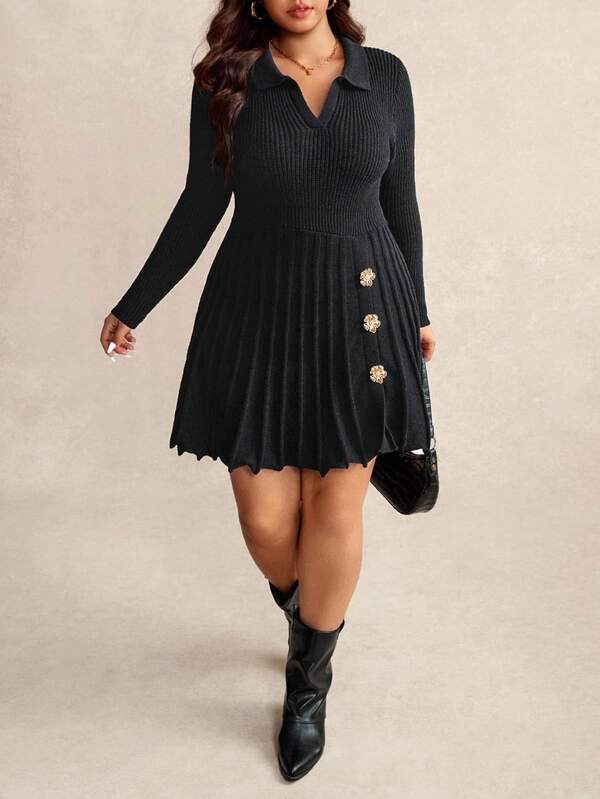 Elaquor 大码女式黑色简约时尚都市别致针织毛衣裙，秋冬