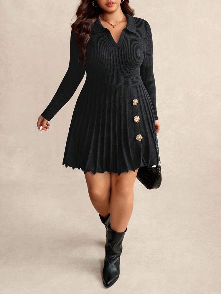 Elaquor 大码女式黑色简约时尚都市别致针织毛衣裙，秋冬 - 黑色 - 查看 1