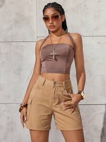 SHEIN ICON 女式纯色休闲牛仔短裤 - 卡其色 - 查看 4