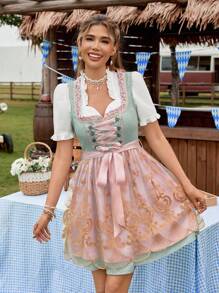 Serisse 慕尼黑啤酒节 Dirndl 女式荷叶边甜心领结刺绣网眼下摆无袖优雅迷你连衣裙，非常适合下午茶、音乐会、早午餐和慕尼黑啤酒节 - 彩色 - 查看 6