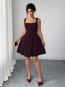 SHEIN Elenzya 大码女式纯色无袖方领收腰A字连衣裙 - 中紫紅色 - 查看 5