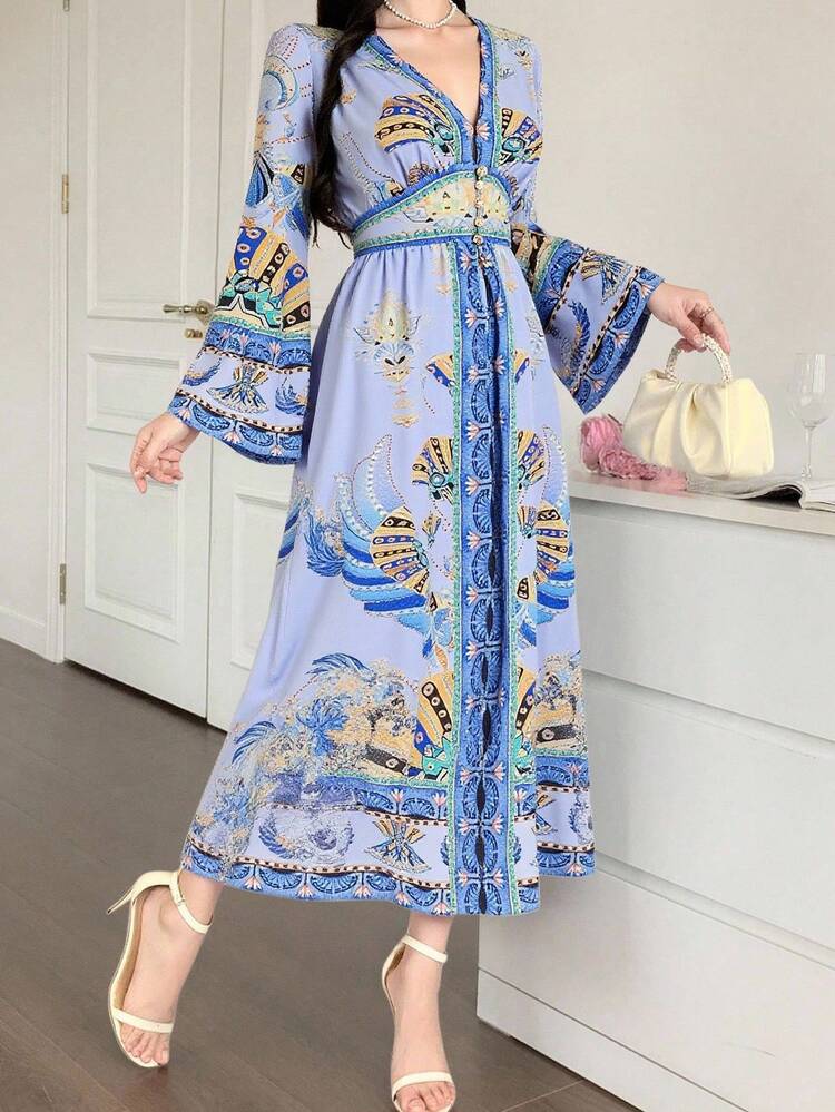 Women's Bohemian Style Vacation Floral Print Waist Cinched Deep V Flare Sleeve Dress Long Sleeve Dress Maxi Dress Boho