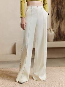 SHEIN LUNE Women's High-Waisted Wide-Leg Hollow-Out Lace Trims Pants, Casual And Versatile, Perfect For Everyday Commuting.Fall, White, And Baggy Pants. - White - View 5