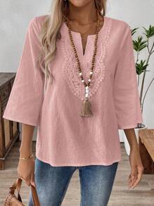SHEIN LUNE Camisa de unicolor con parches de encaje, casual para vacaciones - Rosado Sandía - Ver 3