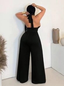 Maweii Mono de mujer talla grande con escote en V sexy, decoración de metal y hebilla, de unicolor, de moda y versátil para fiestas y reuniones - Negro - Ver 2