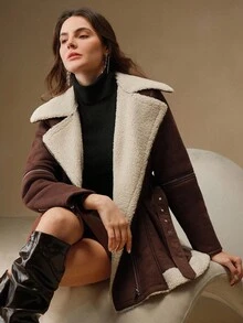 Anewsta 女士宽松绒面混纺翻领系带短款夹克，适合秋季、冬季、外出、优雅、正式、派对、别致、新年、女士冬季外套、圣诞节、工作、毕业 - 棕色 - 查看 2