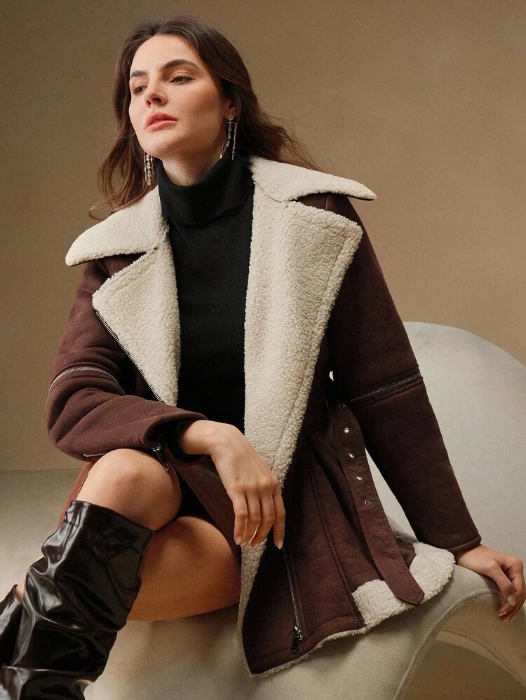 Chaqueta corta de mujer de mezcla de gamuza suelta con cuello vuelto y cinturón de lazo, adecuada para otoño, invierno, salir, elegante, formal, fiesta, elegante, Año Nuevo, abrigo de invierno para mujer, Navidad, trabajo, graduación