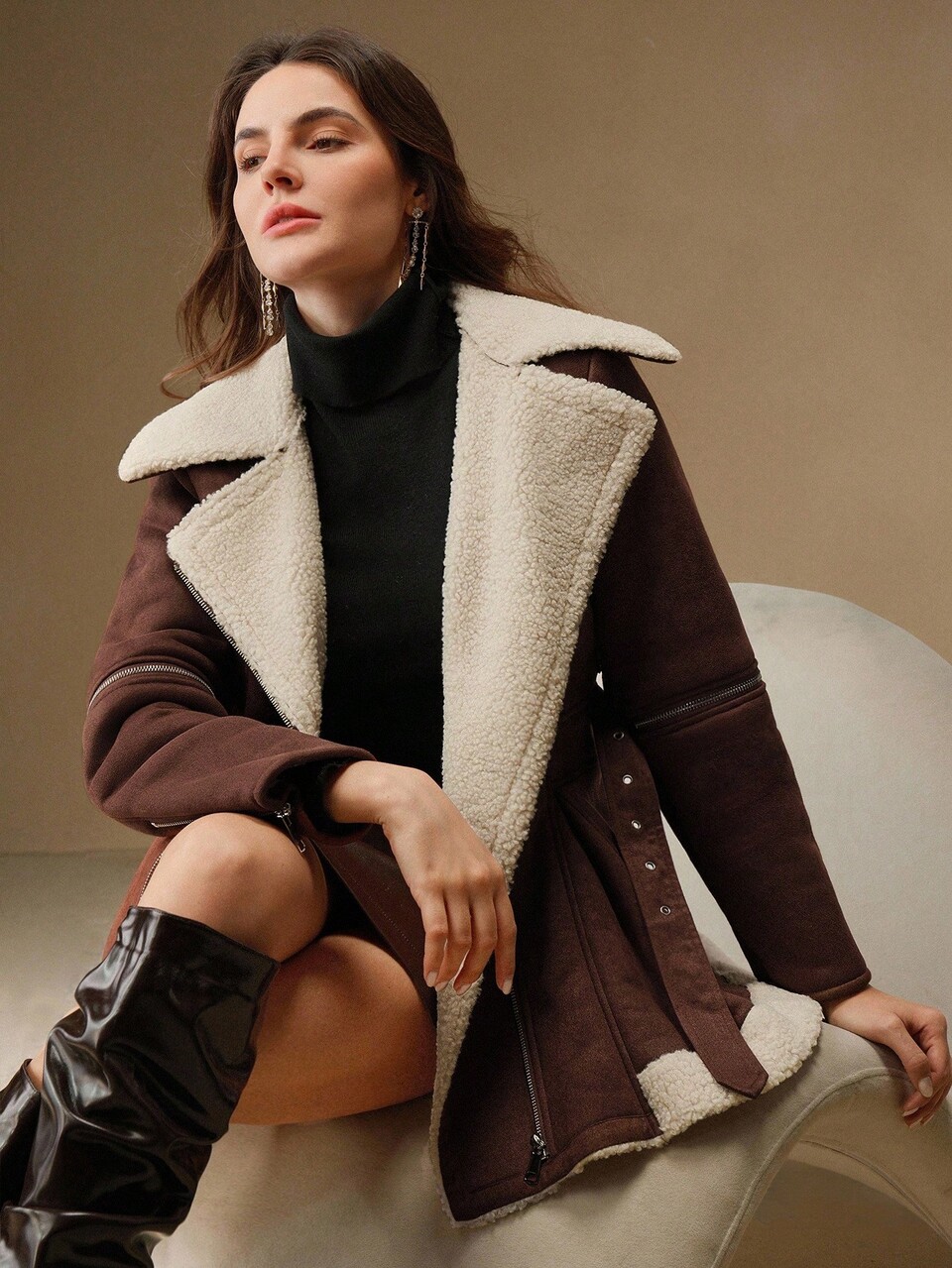 Women's Elegant Dark Brown Suede Blend Loose Short Jacket,Turndown Collar Self-Tie Belt Winter Coat For Autumn,Date,Work,Formal Party,Chic Graduation