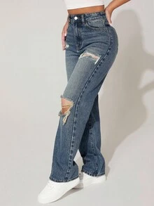Slaydiva Jeans azules de cintura alta con rasgados, de pierna recta y tela cepillada, con forro térmico para mujeres en Acción de Gracias y Navidad - Azul - Ver 2