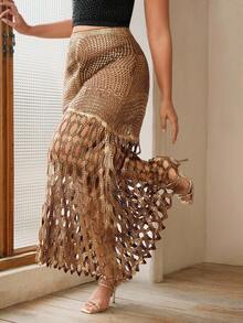 Anewsta Women's High-End Elegant Exquisite Laser Cut Foil Skirt, Plus Size - Brown - View 3