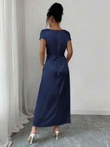 Rafferiza Women's Elegant Date/Commute Turtleneck Tie-Up Satin Short Sleeve Dress - Blue - View 2