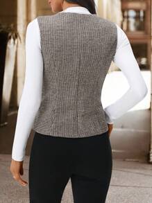 Editum 女士圆领棕色卡其格纹无袖背心，收腰设计，优雅休闲通勤衬衫，适合秋季、办公室、工作场合，春夏优雅正式。 - 棕色 - 查看 2