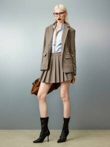 Airlisse 女士人字纹羊毛西装外套搭配褶裥中长裙套装，正式优雅 - 摩卡棕 - 查看 2