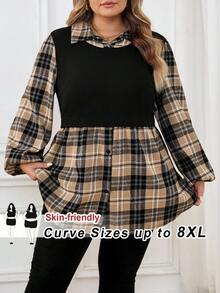 SHEIN CURVE+ 大码立领格子长灯笼袖针织撞色拼接休闲宽松衬衫，办公室装女士两件套纽扣装饰/秋冬 - 彩色 - 查看 10