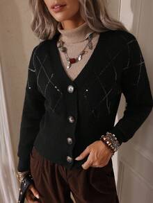 Cardigan casual feminino com lantejoulas e cor sólida, LanaWest - Preto - Ver 7