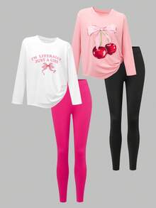 SHEIN 4 件套青少年女孩休闲卡通樱桃和蝴蝶结印花服装，适合日常居家或户外穿着，甜美风格秋冬服装 - 彩色 - 查看 1