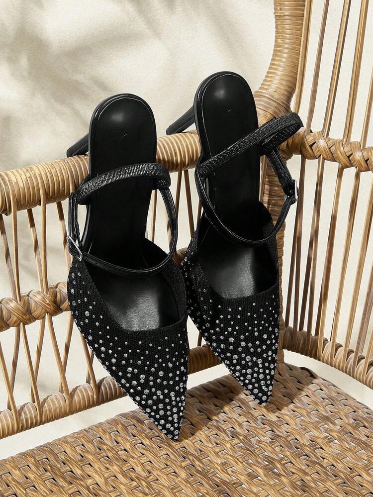 CUCCOO BASICS Fashionable Sexy Elegant Pointed Toe Stiletto Heels Knitted Breathable Rhinestone Backless Women High Heel Pumps