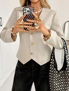 Siren Gaze 女士纯色常规肩长袖前开襟时尚优雅西装外套，秋季新款金属纽扣腰身衬衫，时尚通勤夹克，办公室休闲装，长袖衬衫，亚麻衬衫，复古风格，秋季上衣，优雅女士衬衫，女士秋季服装，外出上衣，女士西装外套，法式风格服装，优雅冬季女士衬衫 - 杏色 - 查看 5