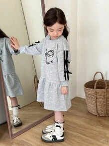 Genkimix Kids Váy công chúa trang trí nơ tay dài thanh lịch cho bé gái - Xám - Xem 5