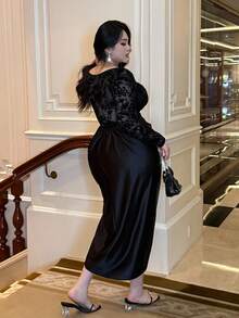 Flirla Plus Size Sweetheart Neck Long Sleeve Flocked Patchwork Ruffle Slit Romantic Elegant Vintage Black Dress For Dates, Parties, Galas Fall Cloth For Women - Black - View 2