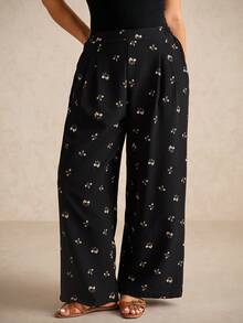 Elaquor 大码女装春夏时尚休闲宽松舒适清凉日常基本百搭黑色小碎花纹理面料松紧腰阔腿裤，女式下装，宽松裤，可爱夏装，欧洲夏季，度假裤，女士机场装，女士休闲装 - 黑色 - 查看 3