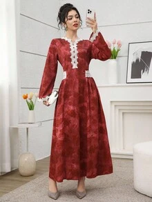 Al Najma Women's Elegant Vintage Romantic Palace Style Rose Print Tie Waist Long Sleeve Everyday Arabic Dress