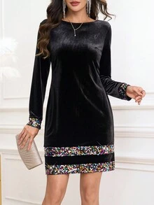 Ellevyn 女式圆领针织弹力长袖天鹅绒亮片装饰优雅日常休闲派对迷你连衣裙，秋冬 - 彩色 - 查看 2